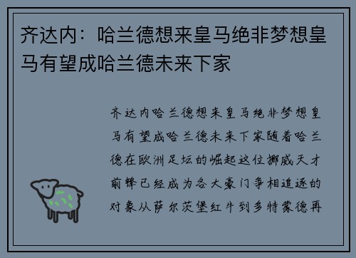 齐达内：哈兰德想来皇马绝非梦想皇马有望成哈兰德未来下家